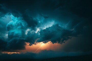 A large cloud dominates the sky with a bolt of lightning striking through, signaling an approaching thunderstorm - obrazy, fototapety, plakaty