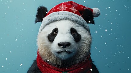 Christmas panda bear Nick cap on panda on blue background