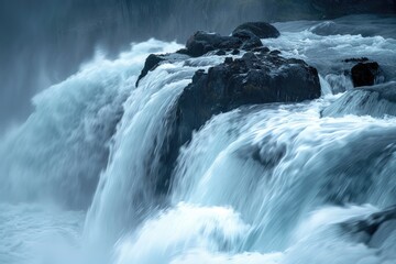 Fototapeta premium Grizzly Bears Catching Salmon at Long Exposure Waterfall: Captivating Wildlife Photography