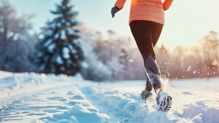 A Sportswoman's Braving Run Across the Snowy Terrain - obrazy, fototapety, plakaty