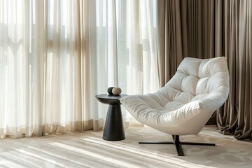 a luxury cozy room interior design with a comfortable sofa chair and a curtain on a window with natural sunlight