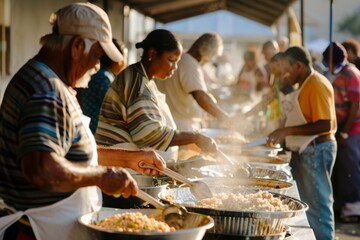A diverse group of individuals standing in line at a buffet table, serving themselves food at a community meal or food distribution event