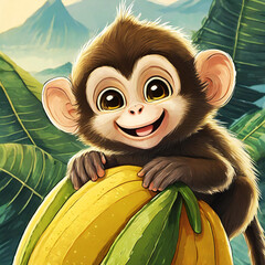 아기 원숭이와 거대한 바나나 - obrazy, fototapety, plakaty