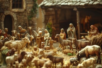 Fototapeta na wymiar A nativity scene with figurines of people and animals depicting the birth of Jesus