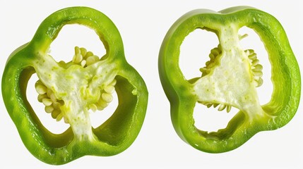 Isolated Green Bell Pepper Slice - Top and Angle Views in Large Portion, Cut and Chopped Rings and Sections