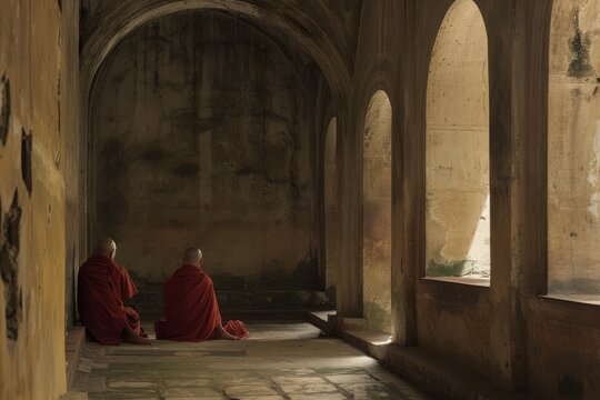 Two monks in traditional robes sitting on the ground in a monastery hallway