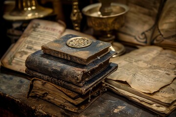 A stack of aged books arranged neatly on a wooden table