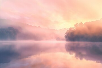 Fototapeta na wymiar A lake surrounded by trees and clouds under the soft dawn glow of sunrise