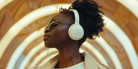 A woman using wireless headphones to listen to music. - obrazy, fototapety, plakaty
