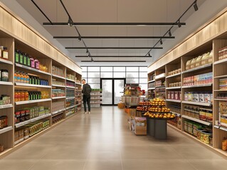 A man is walking through a large grocery store with many aisles and shelves. The store is well-lit and has a clean, organized appearance