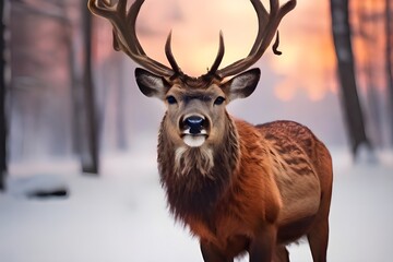 Noble deer male in winter snow forest. Wild red deer in nature at sunset Mountain landscape wildlife Generative AI