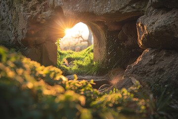 The suns rays illuminate a stone tunnel, creating a striking visual effect - Powered by Adobe