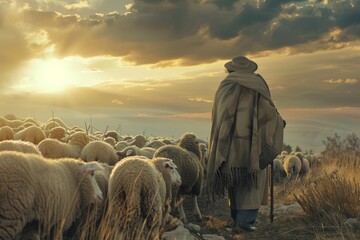 A man is standing in front of a herd of sheep, leading them through a pasture - obrazy, fototapety, plakaty