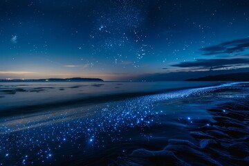 Bioluminescent plankton light up the calm sea, creating a mesmerizing display of sparkling stars in the sky on a beach