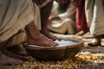 Close-up of a persons feet immersed in a bowl of water, resembling a humble moment of foot washing during a religious ceremony