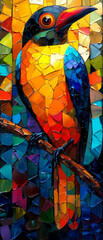 A colorful stained-glass window with a bird sitting on a branch.
