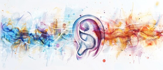 A watercolor painting showing the delicate dance of sound waves through the ear, highlighted with splashes of color , 3D illustration - obrazy, fototapety, plakaty
