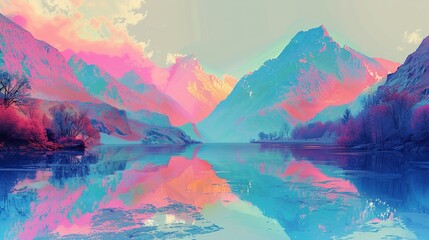 Synthetic Serenity  A peaceful landscape generated entirely through digital means, offering an escape into a serene, virtual nature - obrazy, fototapety, plakaty