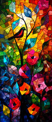 Colorful stained-glass window with birds on the tree. Abstract background. - 769728981