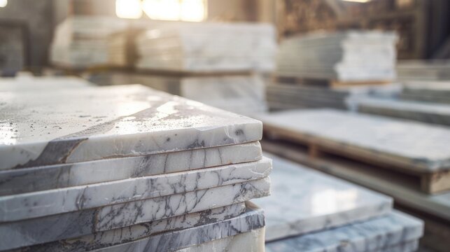 Stacks of Carrara Marble Slabs at Quarry and Factory - Stone and Countertop Industry
