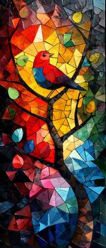Abstract background, stained glass window with a bird in the foreground.