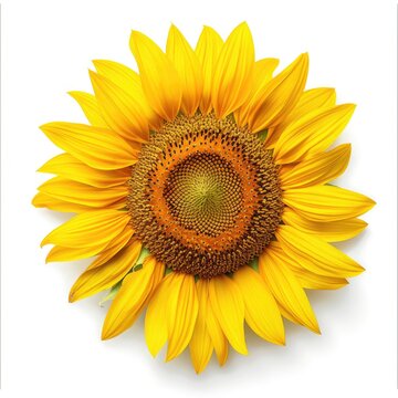 Sunflower Isolated On White Background. Flat Lay Top View Of Bright Yellow Blossoming Beauty In Circle Shape. Agriculture and Botany Concept