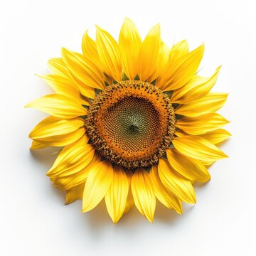 Sunflower Beauty: Isolated Flower on White Background for Agriculture and Botany Concepts. Close-Up Blossoming Circle in Bright Flat Lay View