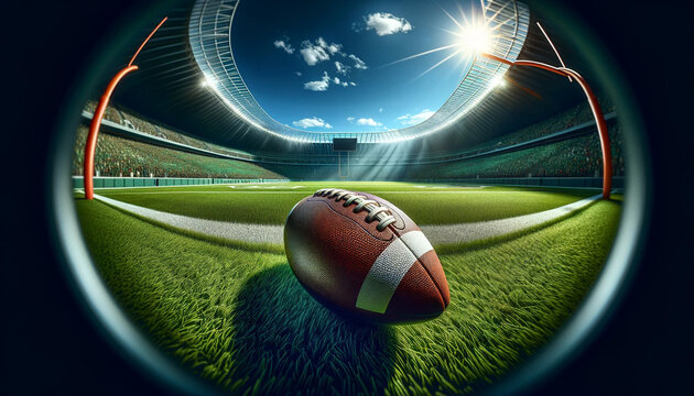 a hyper-realistic image of a football placed in the center of an outdoor football field