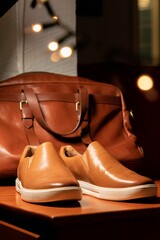 a brown handbag and two tan shoes on a shelf