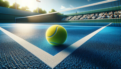 A realistic and detailed image featuring a tennis ball placed in the center of an outdoor tennis court  - Powered by Adobe