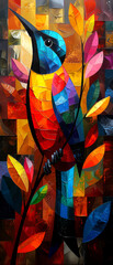 Abstract painting with a bird on a background of colored stained glass. - 769729529