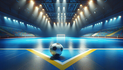 A realistic and detailed image featuring a futsal ball placed in the center of an indoor futsal court