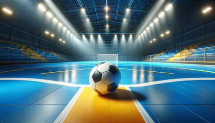 A realistic and detailed image featuring a futsal ball placed in the center of an indoor futsal court