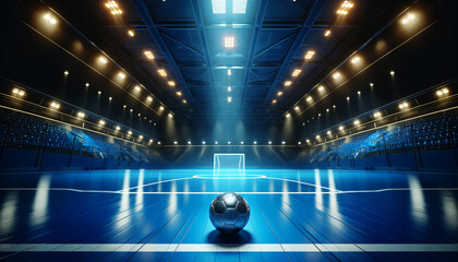 A realistic and detailed image featuring a futsal ball placed in the center of an indoor futsal court