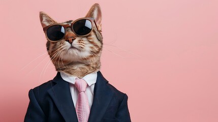 cute cat in shades and suit with tie segregated on pink background