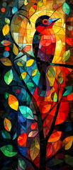 Colorful stained-glass window with bird on a tree, artistic background. - 769729725