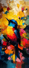 Colorful bird on a branch. Acrylic painting on canvas. - 769729765