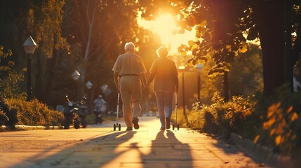 Happy elderly people enjoy a warm evening and a bright sunset together, which gives a special warmth and romance to their relationship.