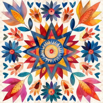 Artistic watercolor mandala with flower and leaf motifs in rich, vibrant colors suitable for various decor.