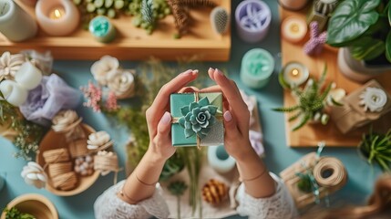 Fototapeta premium Content of crafts. A woman likes to work with flowers in a cozy, sunlit room, perfect for a hobby and a lifestyle.