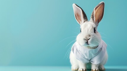 Cute Rabbit in White Culinary specialist Coat on Blue background