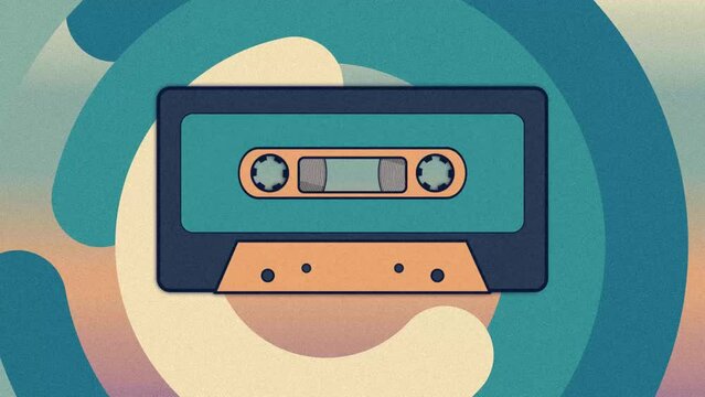 Oldschool equipment. Oldschool equipment. Vintage music cassette tape. Cartoon flat style playing audio cassette animation. Music cassette symbol of 70s 80s 90s entertainment. Rotating magnetic tape.