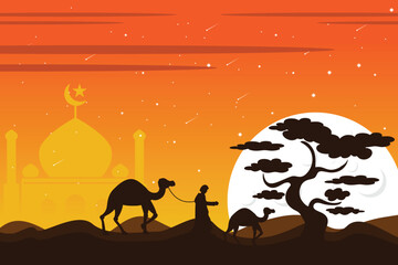 illustration of a man walking with a camel in a desert and a sunset Vector