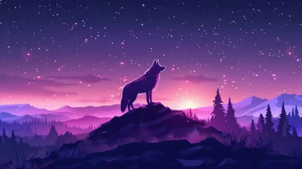Foto auf Acrylglas A wolf howling on a rock formation with a vibrant twilight sky and mountainous horizon in the background. © khonkangrua