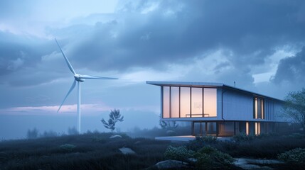 A vision of a green future, a modern house near a wind farm
