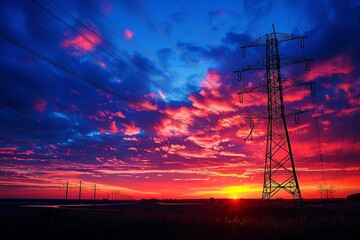 Naklejka premium Visualize the silhouette of a high voltage electric tower set against the radiant glow of a sunset, where the dark outline of the structure stands in sharp relief against the colorful evening sky