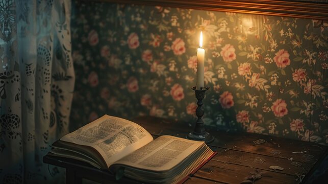 A lit candle on a candlestick and an open book on a wooden table with a patterned wallpaper background.