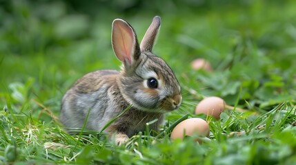Easter rabbit with container and beautiful eggs in green new grass