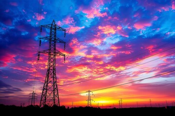Fototapeta premium Visualize the silhouette of a high voltage electric tower set against the radiant glow of a sunset, where the dark outline of the structure stands in sharp relief against the colorful evening sky