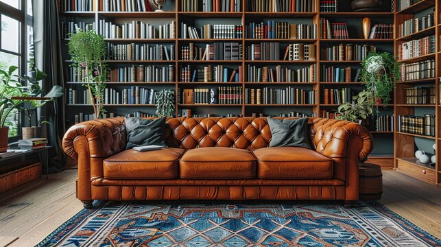 Sofa in the room for reading books. Library or shop with bookcases. Cozy book background.